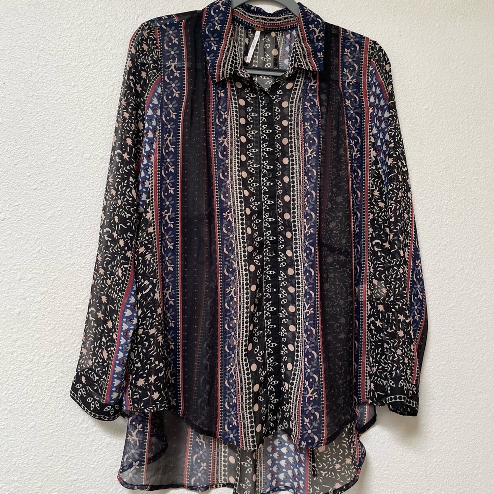 Free People Sheer Floral and Striped Button Up Top